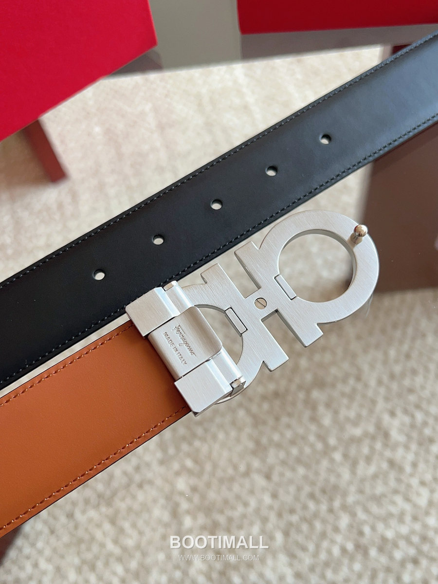 Salvatore Ferragamo Double Gancini Reversible Embossed Calfskin Belt 살바토레 페라가모 더블 간치니 리버서블 엠보 카프스킨 벨트 블랙/오크브라운 아이스은장 3.5cm 8