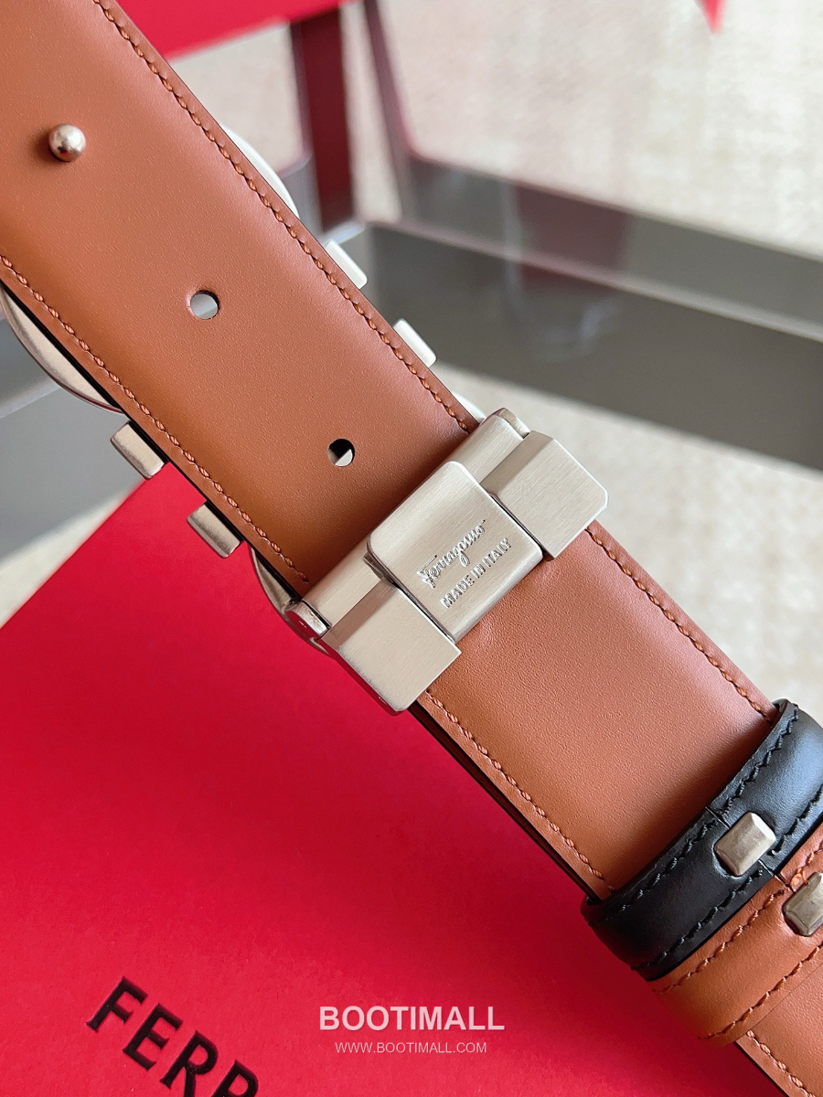 Salvatore Ferragamo Double Gancini Reversible Embossed Calfskin Belt 살바토레 페라가모 더블 간치니 리버서블 엠보 카프스킨 벨트 블랙/오크브라운 아이스은장 3.5cm 9