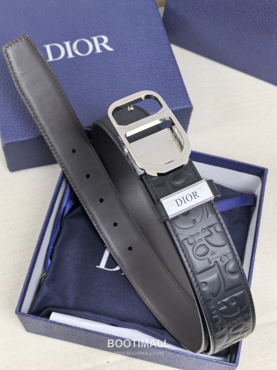 DIOR CD 버클 Dior Gravity 레더 리버서블 벨트 블랙 은장 3.5cm 6