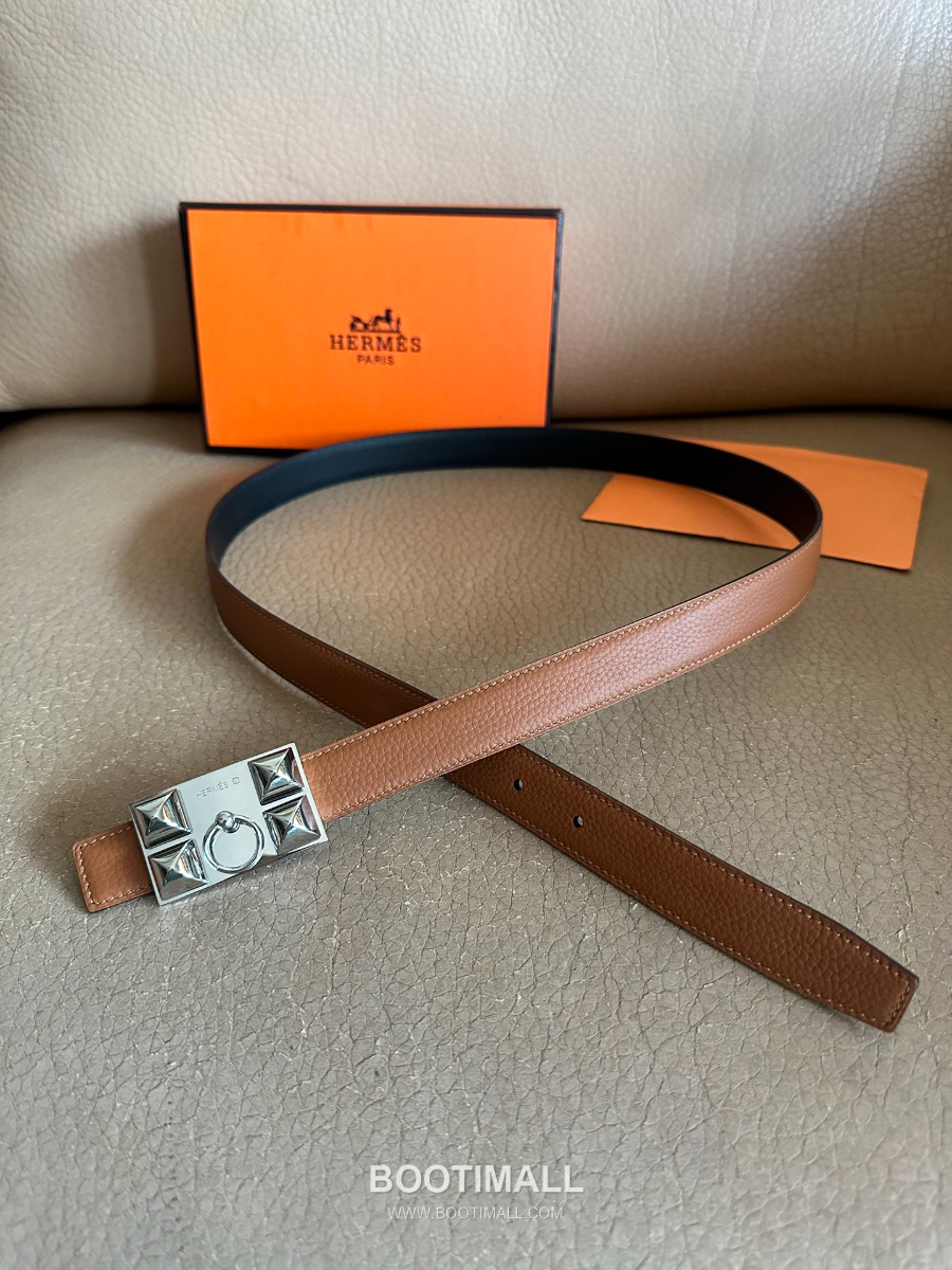 Hermès H Buckle Togo Leather Belt 에르메스 H 버클 토고 레더 여성 벨트 브라운 은장 2.4cm 2