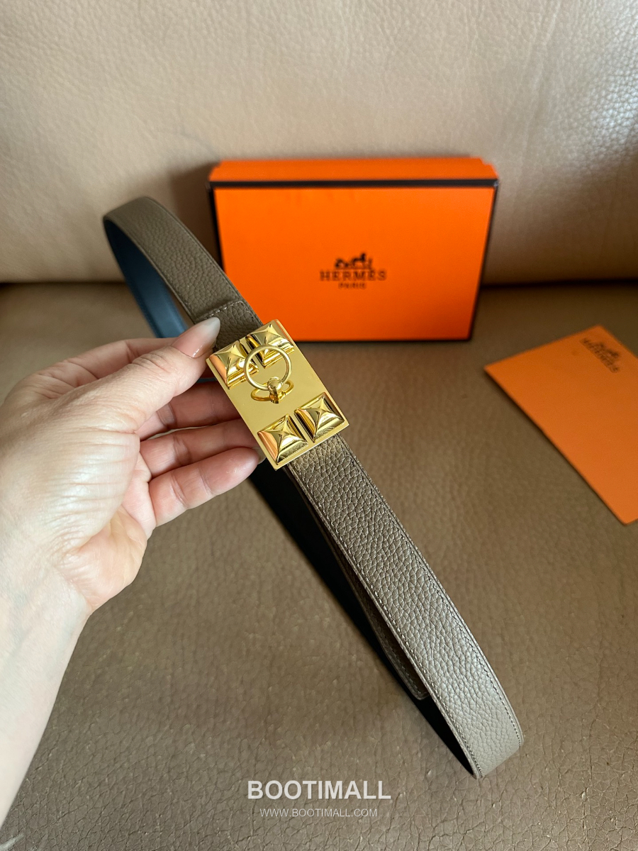 Hermès H Buckle Togo Leather Belt 에르메스 H 버클 토고 레더 여성 벨트 카키 2.4cm 3