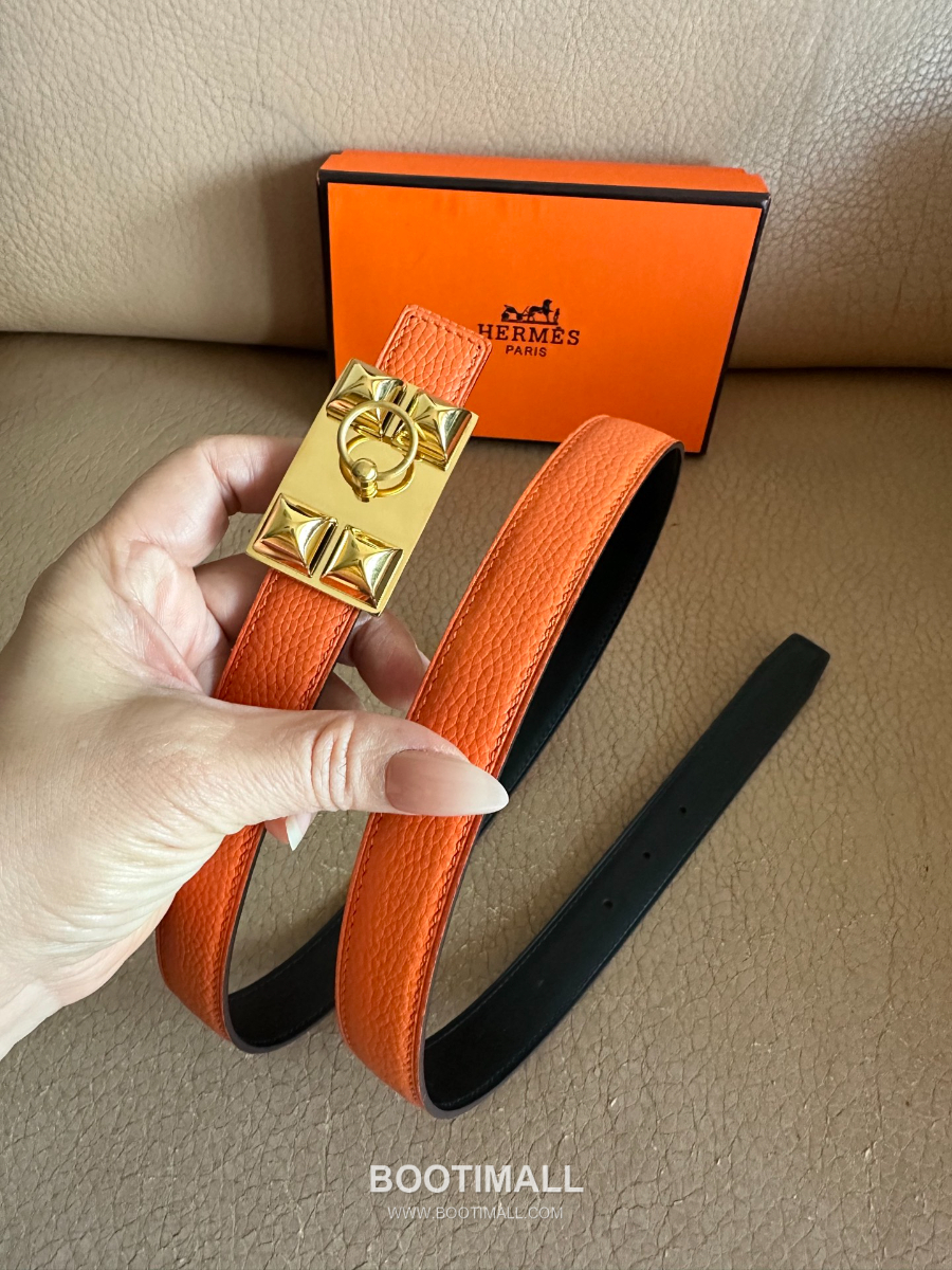 Hermès H Buckle Togo Leather Belt 에르메스 H 버클 토고 레더 여성 벨트 오렌지 2.4cm 3