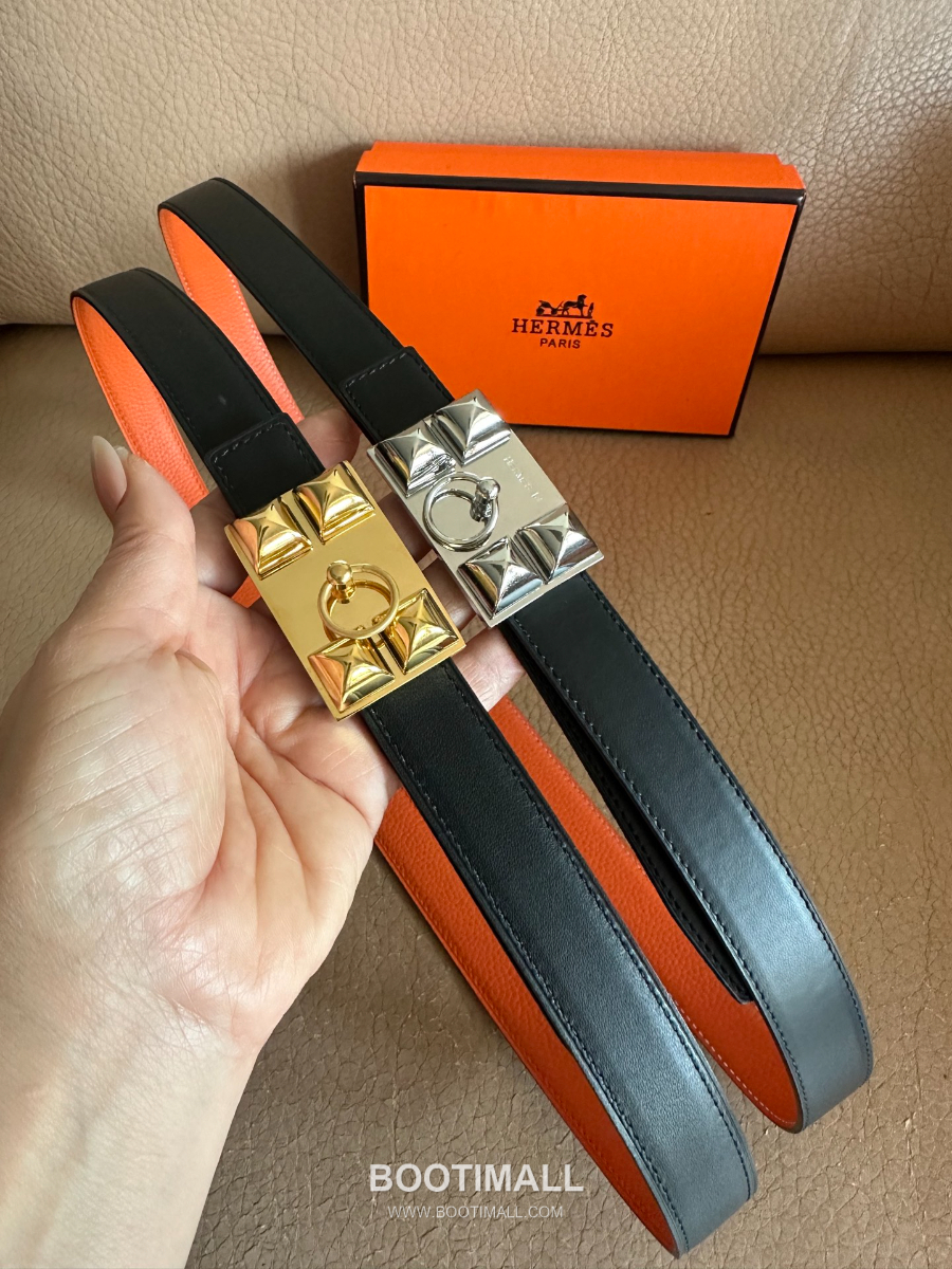 Hermès H Buckle Togo Leather Belt 에르메스 H 버클 토고 레더 여성 벨트 오렌지 2.4cm 8