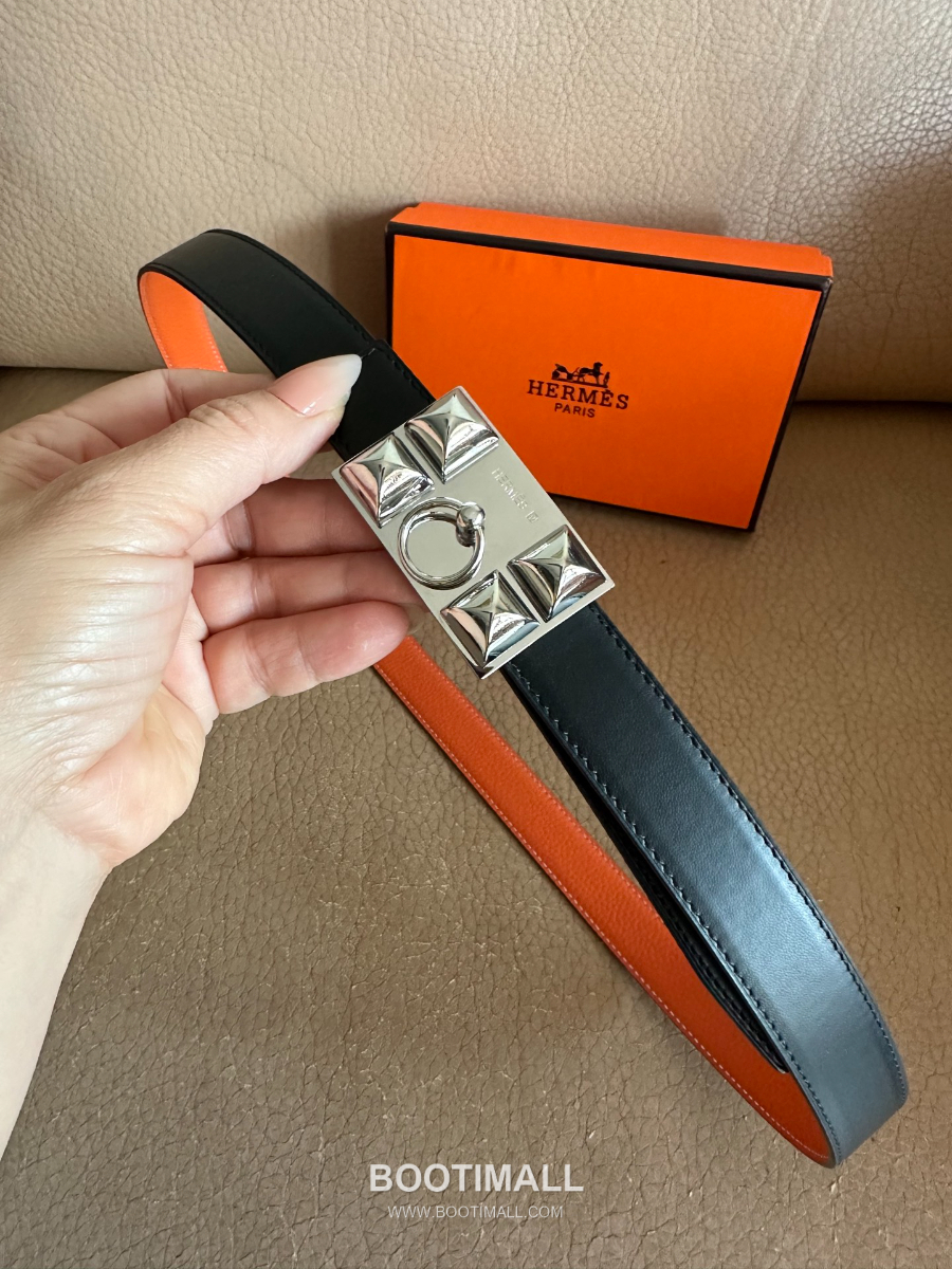 Hermès H Buckle Togo Leather Belt 에르메스 H 버클 토고 레더 여성 벨트 오렌지 2.4cm 15