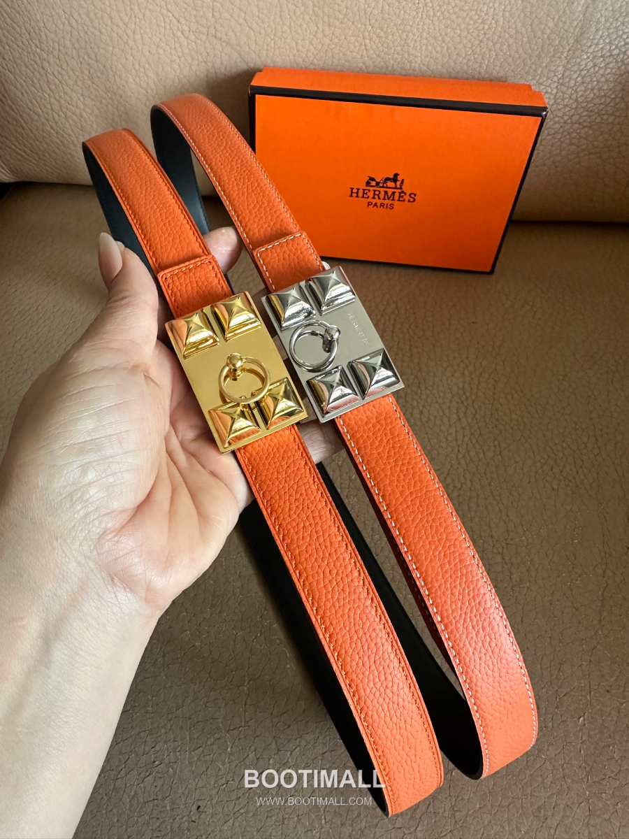 Hermès H Buckle Togo Leather Belt 에르메스 H 버클 토고 레더 여성 벨트 오렌지 2.4cm 19