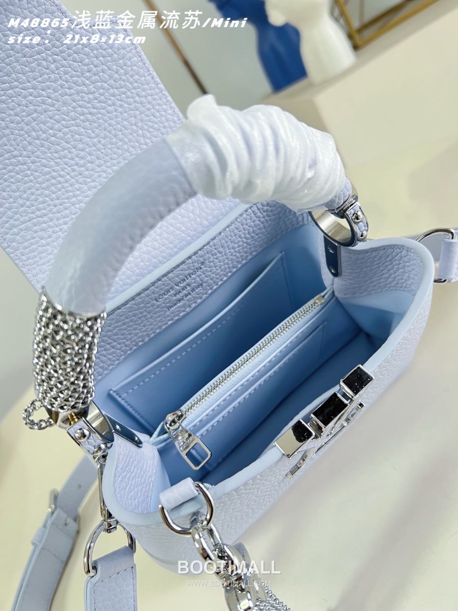 Louis Vuitton 루이비통 Capucines Mini 카푸신 미니 Taurillon 레더 LV Fireworks 스카이블루 M48865 21cm 10