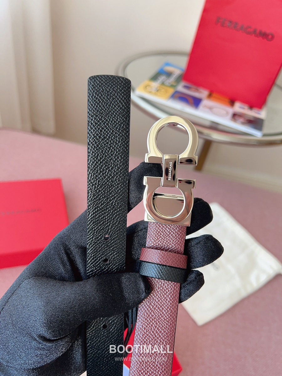 Ferragamo Reversible Gancini Belt 살바토레 페라가모 리버서블 간치니 양면벨트 버건디/블랙 2.5cm 15