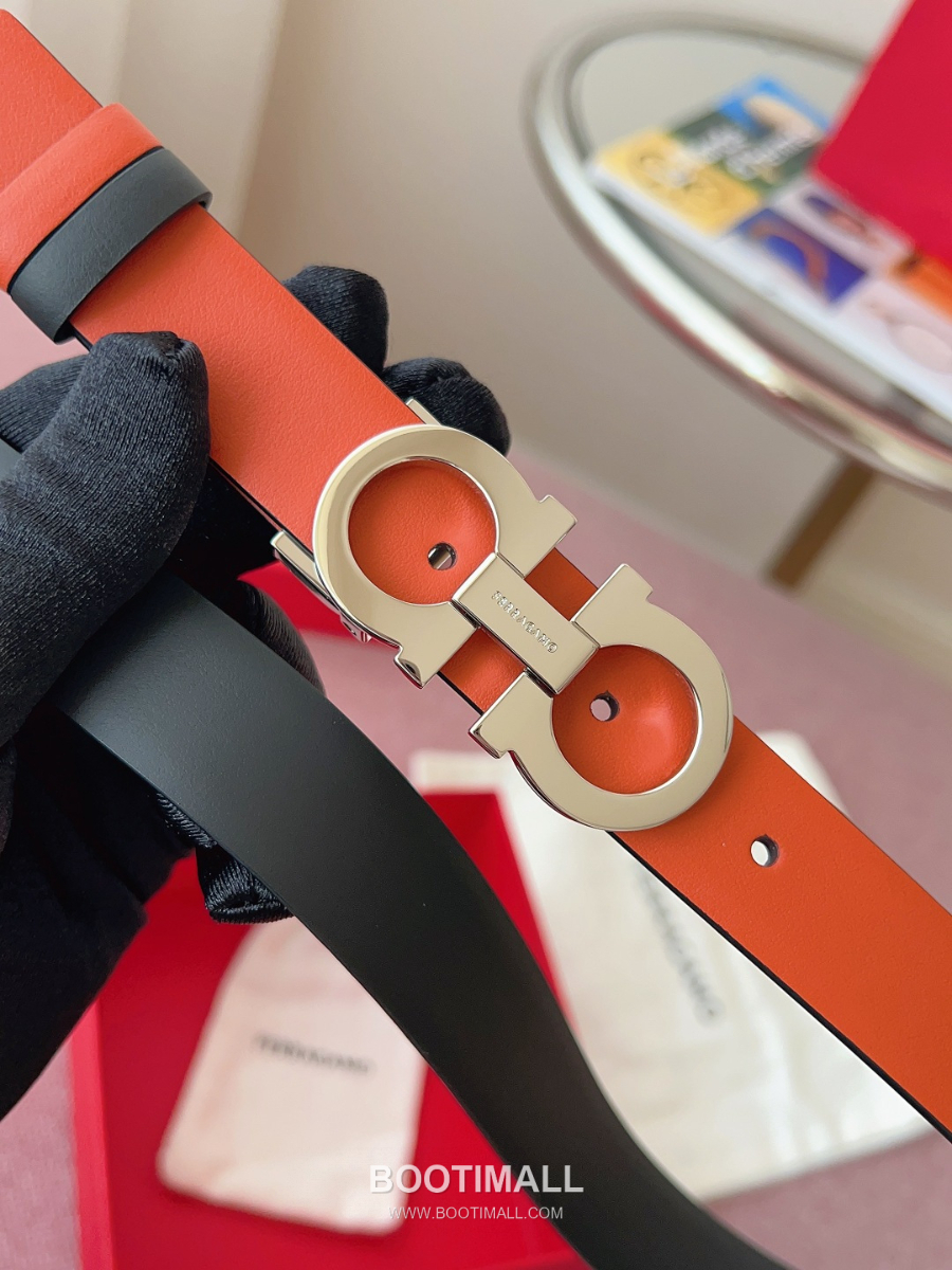 Ferragamo Reversible Gancini Belt 살바토레 페라가모 리버서블 간치니 양면벨트 오렌지/블랙 2.5cm 12