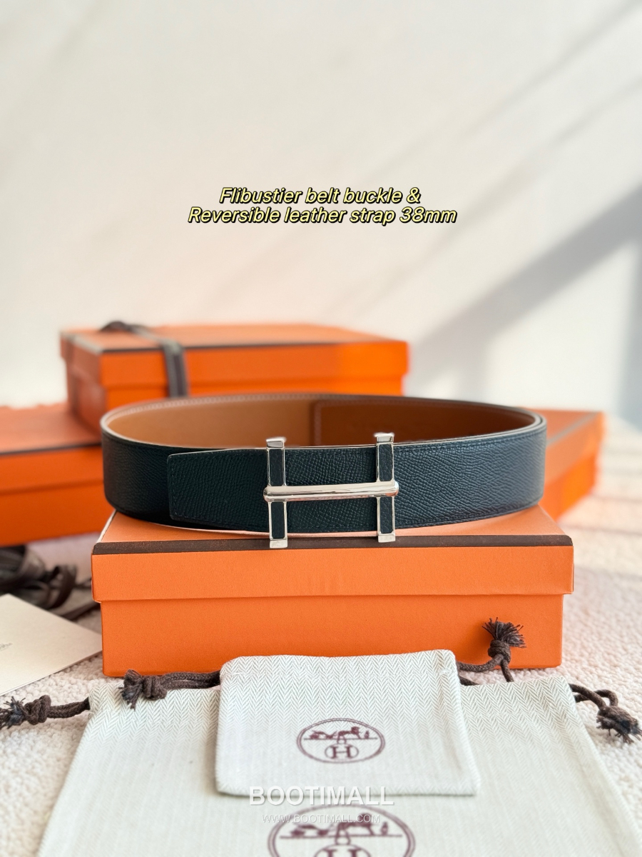 Hermès Flibustier Belt Buckle & Reversible 에르메스 플리뷔스티에 H 버클 & 리버서블 토고 레더 스트랩 벨트 브라운/블랙 3.8cm 3