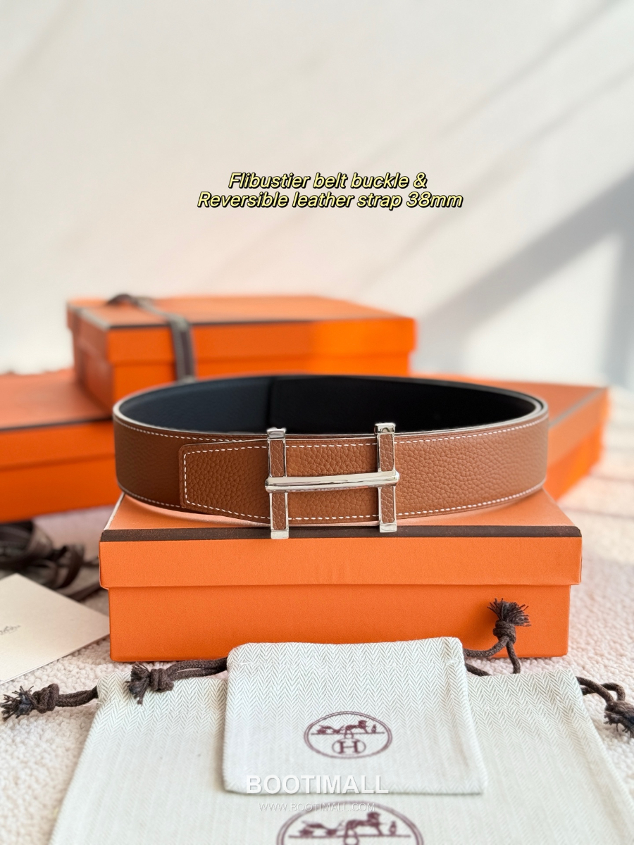 Hermès Flibustier Belt Buckle & Reversible 에르메스 플리뷔스티에 H 버클 & 리버서블 토고 레더 스트랩 벨트 블랙/브라운 3.8cm 2