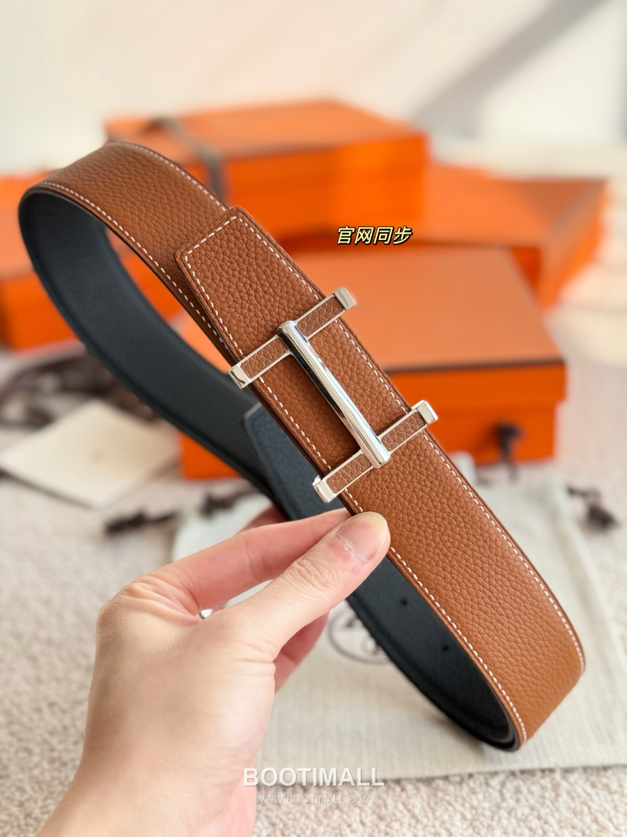 Hermès Flibustier Belt Buckle & Reversible 에르메스 플리뷔스티에 H 버클 & 리버서블 토고 레더 스트랩 벨트 블랙/브라운 3.8cm 3