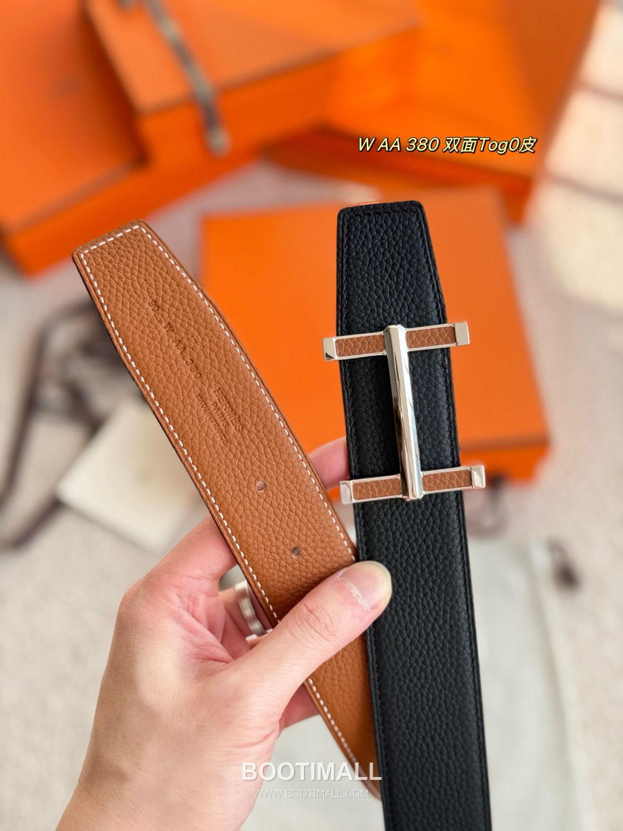 Hermès Flibustier Belt Buckle & Reversible 에르메스 플리뷔스티에 H 버클 & 리버서블 토고 레더 스트랩 벨트 블랙/브라운 3.8cm 4