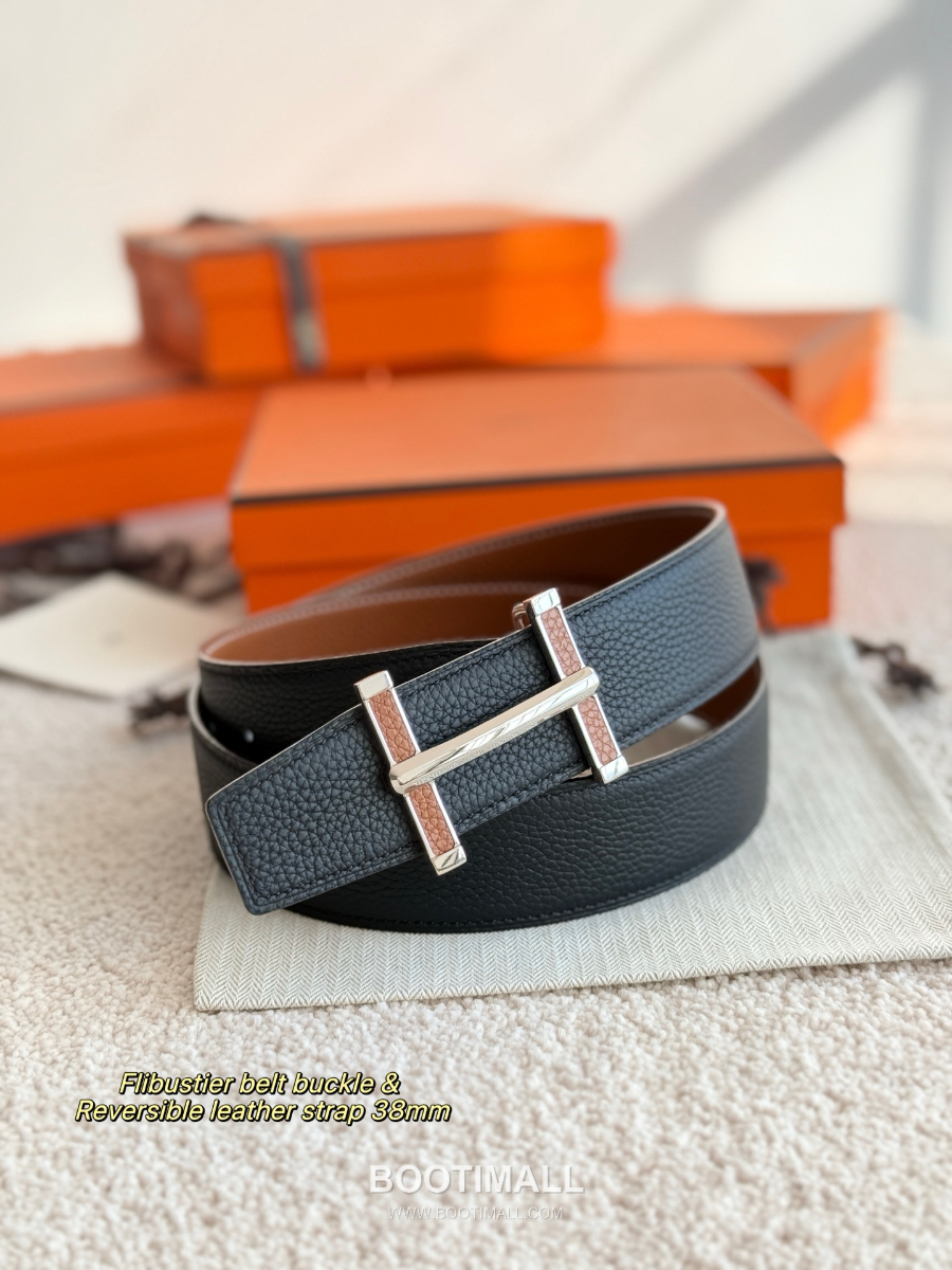 Hermès Flibustier Belt Buckle & Reversible 에르메스 플리뷔스티에 H 버클 & 리버서블 토고 레더 스트랩 벨트 블랙/브라운 3.8cm 6