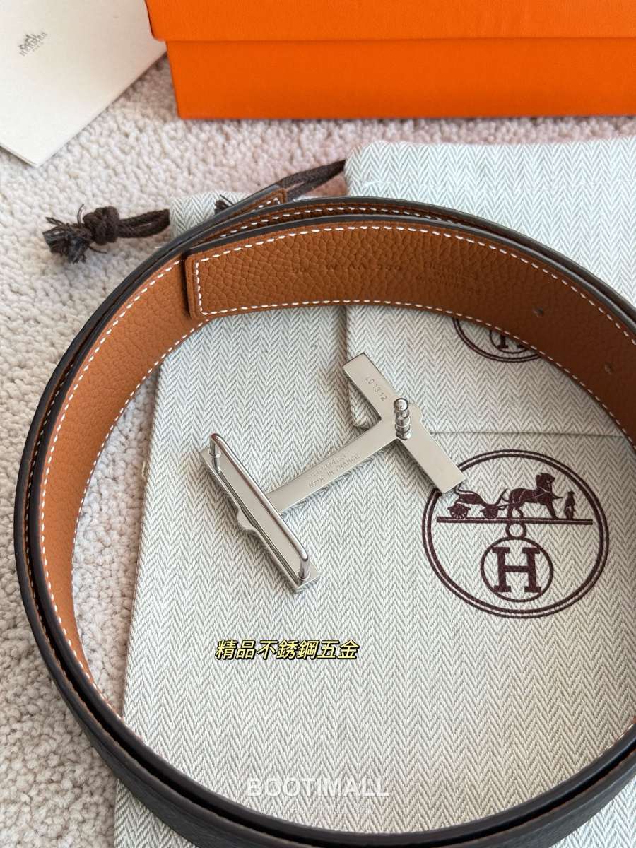 Hermès Flibustier Belt Buckle & Reversible 에르메스 플리뷔스티에 H 버클 & 리버서블 토고 레더 스트랩 벨트 오크브라운/블랙 3.8cm 3
