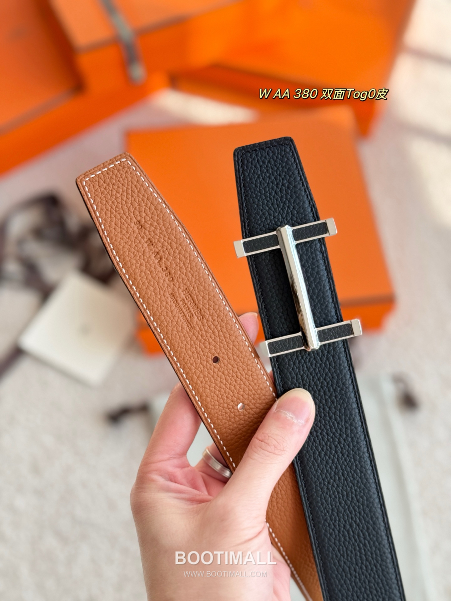 Hermès Flibustier Belt Buckle & Reversible 에르메스 플리뷔스티에 H 버클 & 리버서블 토고 레더 스트랩 벨트 오크브라운/블랙 3.8cm 4