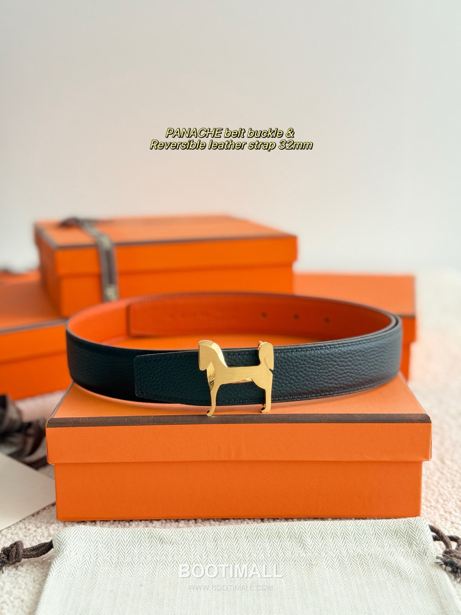 Hermès Panache Belt Buckle & Reversible Togo Leather에르메스 파나슈 버클 & 리버서블 토고 레더 스트랩 벨트 블랙/오렌지  3.2cm 2