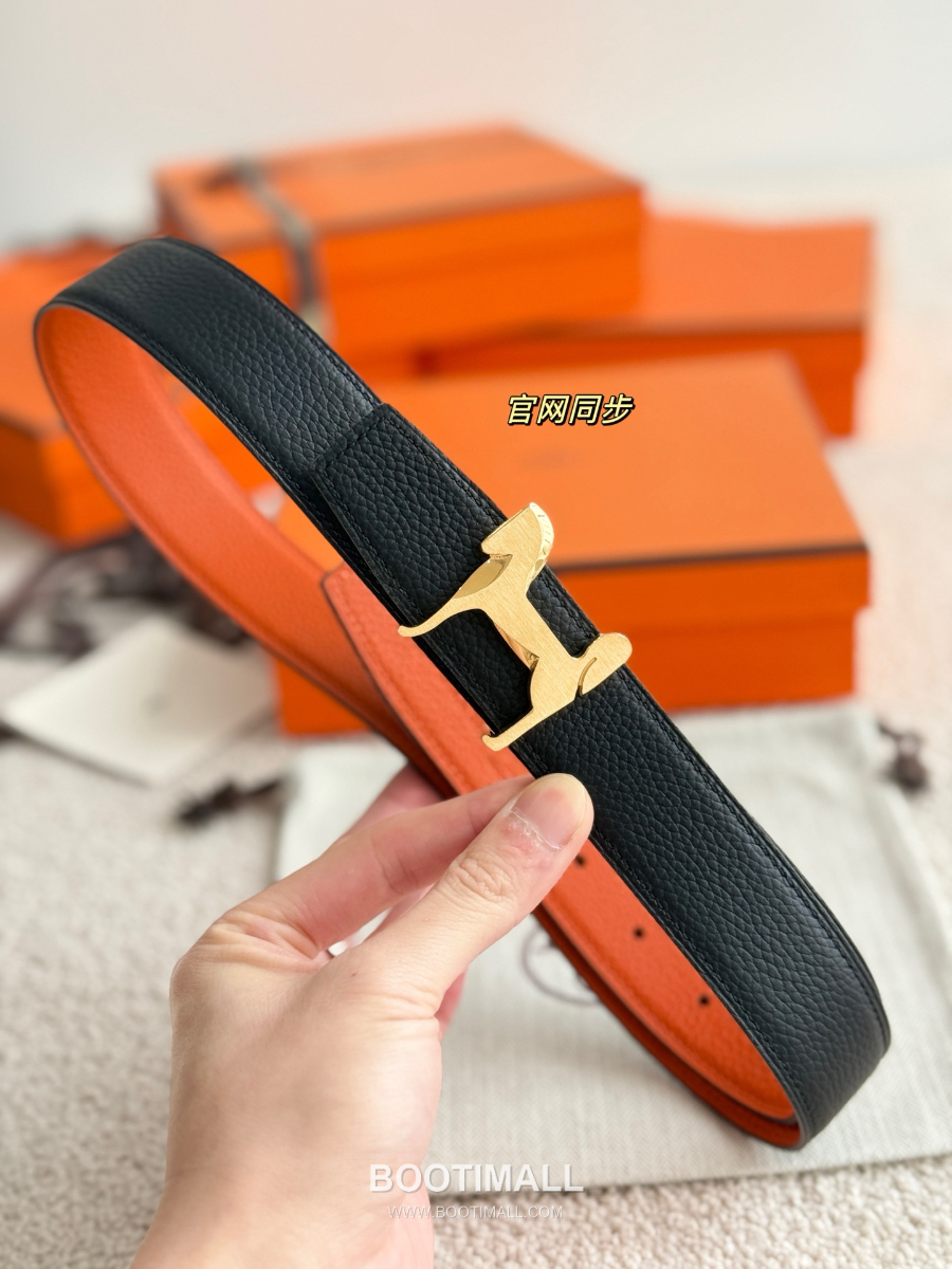 Hermès Panache Belt Buckle & Reversible Togo Leather에르메스 파나슈 버클 & 리버서블 토고 레더 스트랩 벨트 블랙/오렌지  3.2cm 3