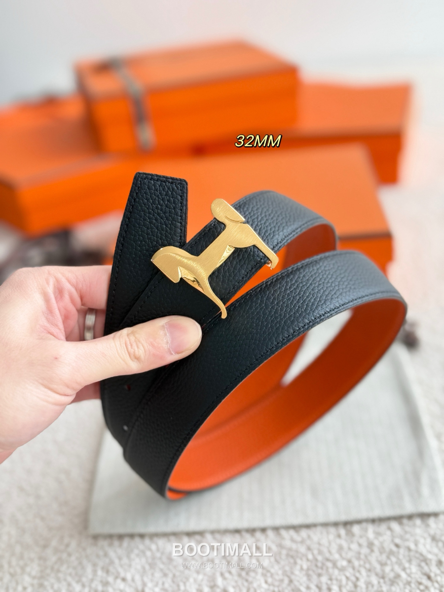 Hermès Panache Belt Buckle & Reversible Togo Leather에르메스 파나슈 버클 & 리버서블 토고 레더 스트랩 벨트 블랙/오렌지  3.2cm 5