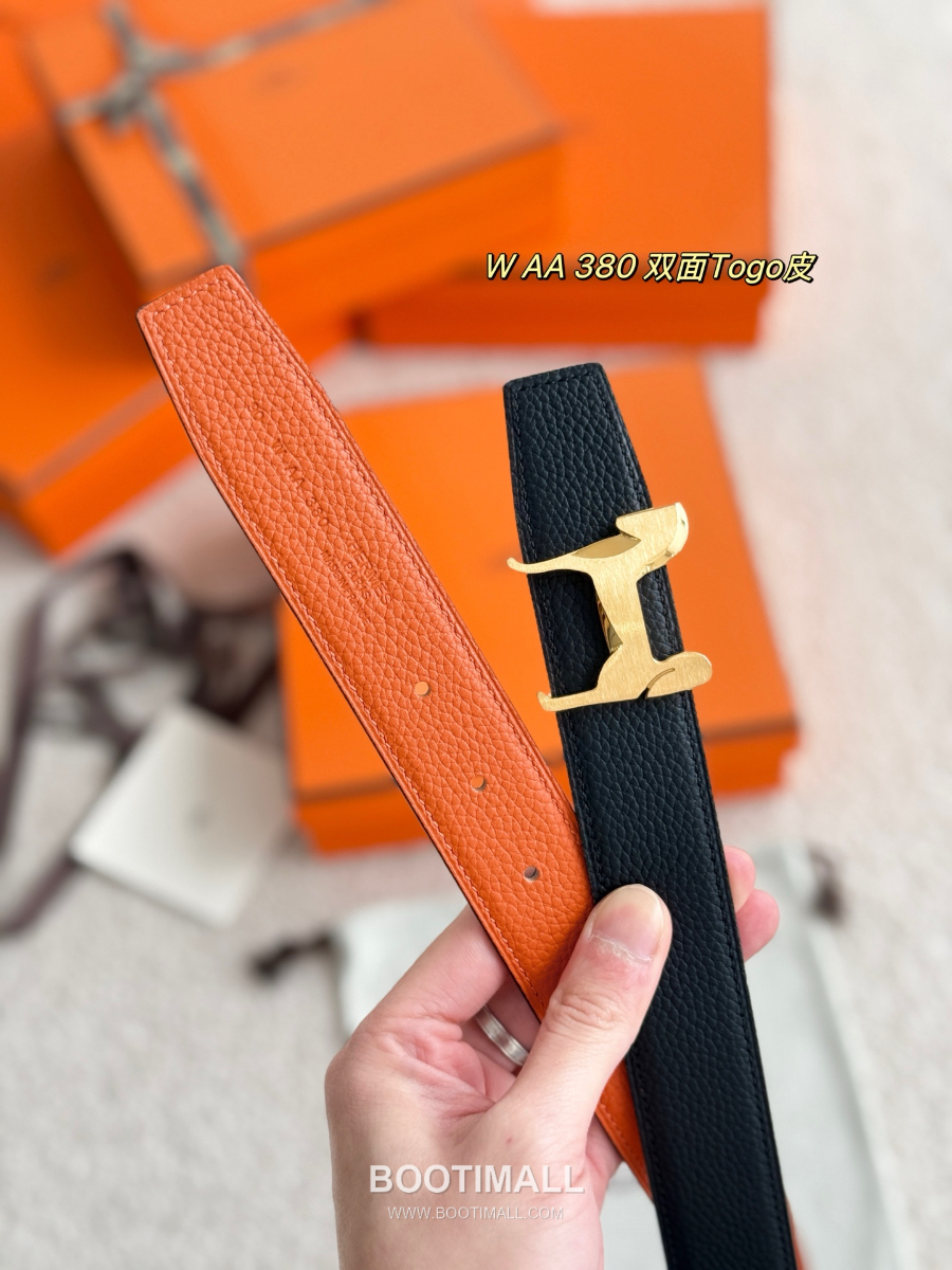 Hermès Panache Belt Buckle & Reversible Togo Leather에르메스 파나슈 버클 & 리버서블 토고 레더 스트랩 벨트 블랙/오렌지  3.2cm 6