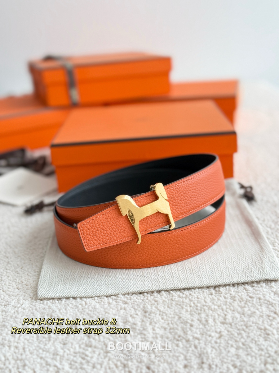Hermès Panache Belt Buckle & Reversible Togo Leather에르메스 파나슈 버클 & 리버서블 토고 레더 스트랩 벨트 블랙/오렌지  3.2cm 7