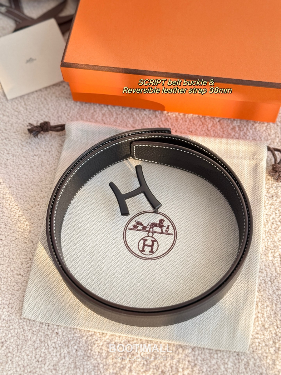 Hermès Script Belt Buckle & Reversible Togo Leather Strap 에르메스 스크립트 버클 & 리버서블 토고 레더 스트랩 벨트 블랙 3.8cm 1