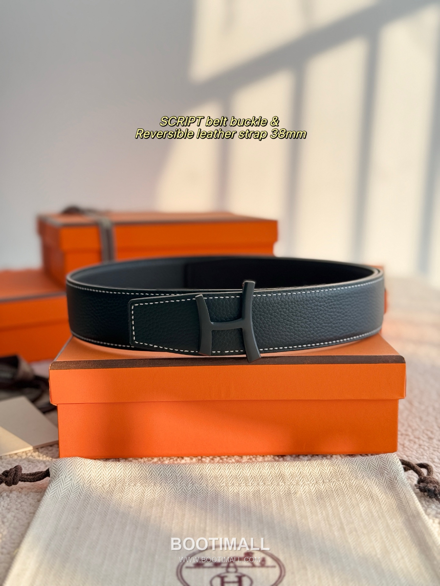 Hermès Script Belt Buckle & Reversible Togo Leather Strap 에르메스 스크립트 버클 & 리버서블 토고 레더 스트랩 벨트 블랙 3.8cm 8