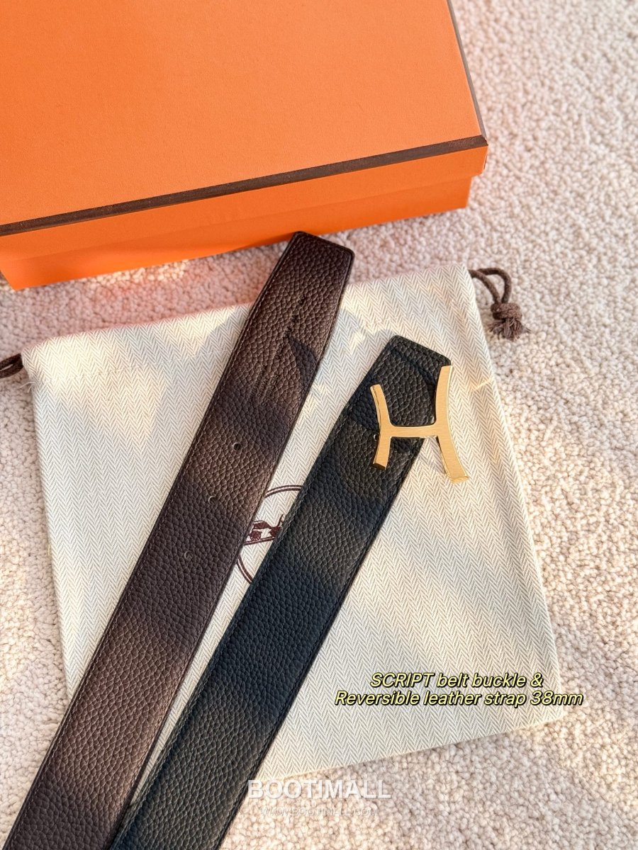 Hermès Script Belt Buckle & Reversible Togo Leather Strap 에르메스 스크립트 버클 & 리버서블 토고 레더 스트랩 벨트 커피브라운/블랙 3.8cm 2