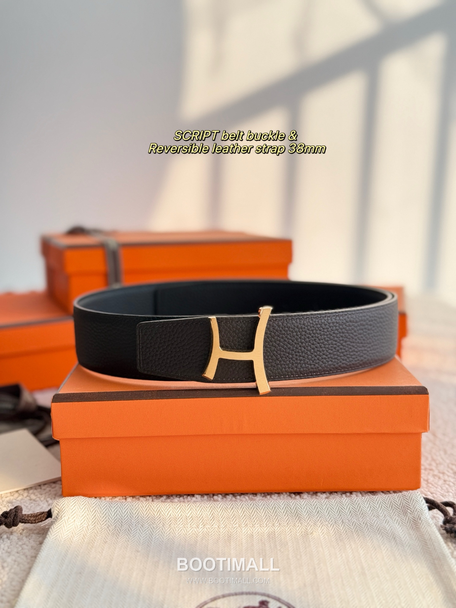 Hermès Script Belt Buckle & Reversible Togo Leather Strap 에르메스 스크립트 버클 & 리버서블 토고 레더 스트랩 벨트 커피브라운/블랙 3.8cm 3