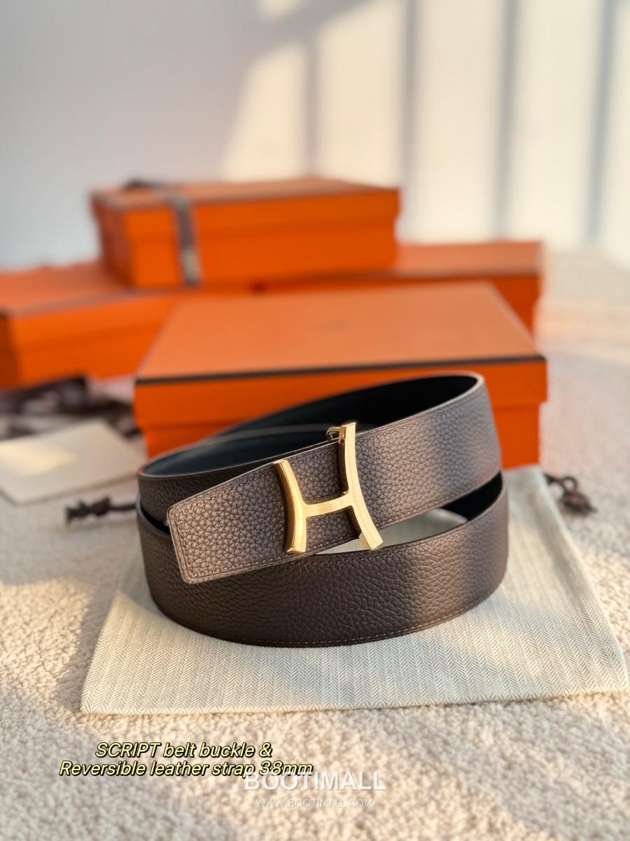 Hermès Script Belt Buckle & Reversible Togo Leather Strap 에르메스 스크립트 버클 & 리버서블 토고 레더 스트랩 벨트 커피브라운/블랙 3.8cm 8