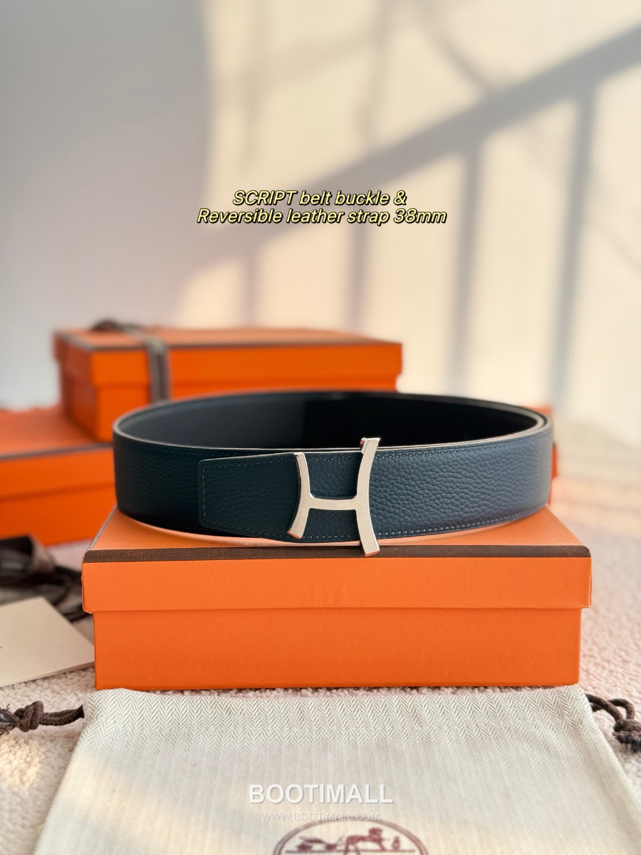 Hermès Script Belt Buckle & Reversible Togo Leather Strap 에르메스 스크립트 버클 & 리버서블 토고 레더 스트랩 벨트 블랙 3.8cm 3