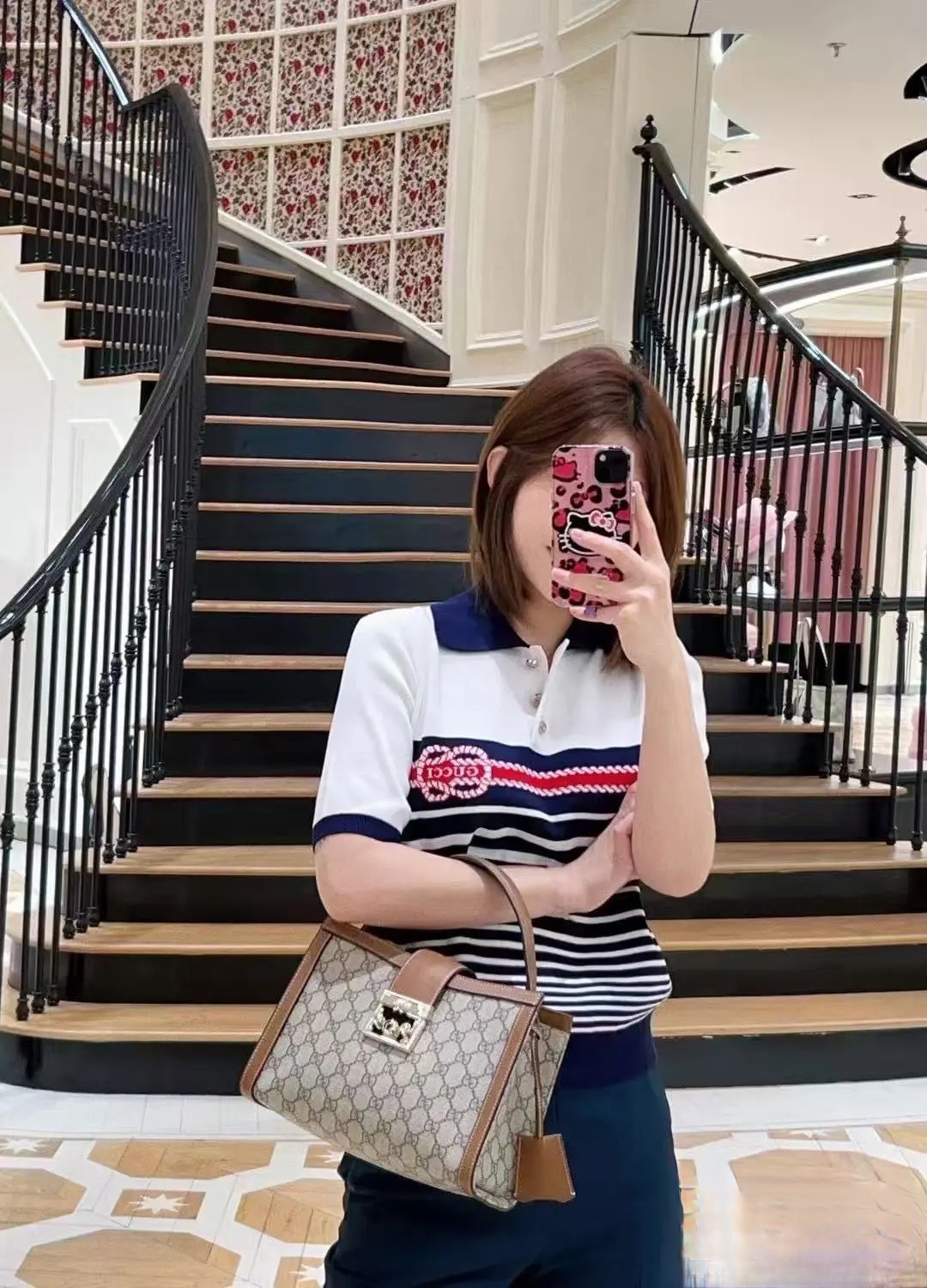 GUCCI 구찌 스트라이프 니트 폴로 반팔 여성용 2