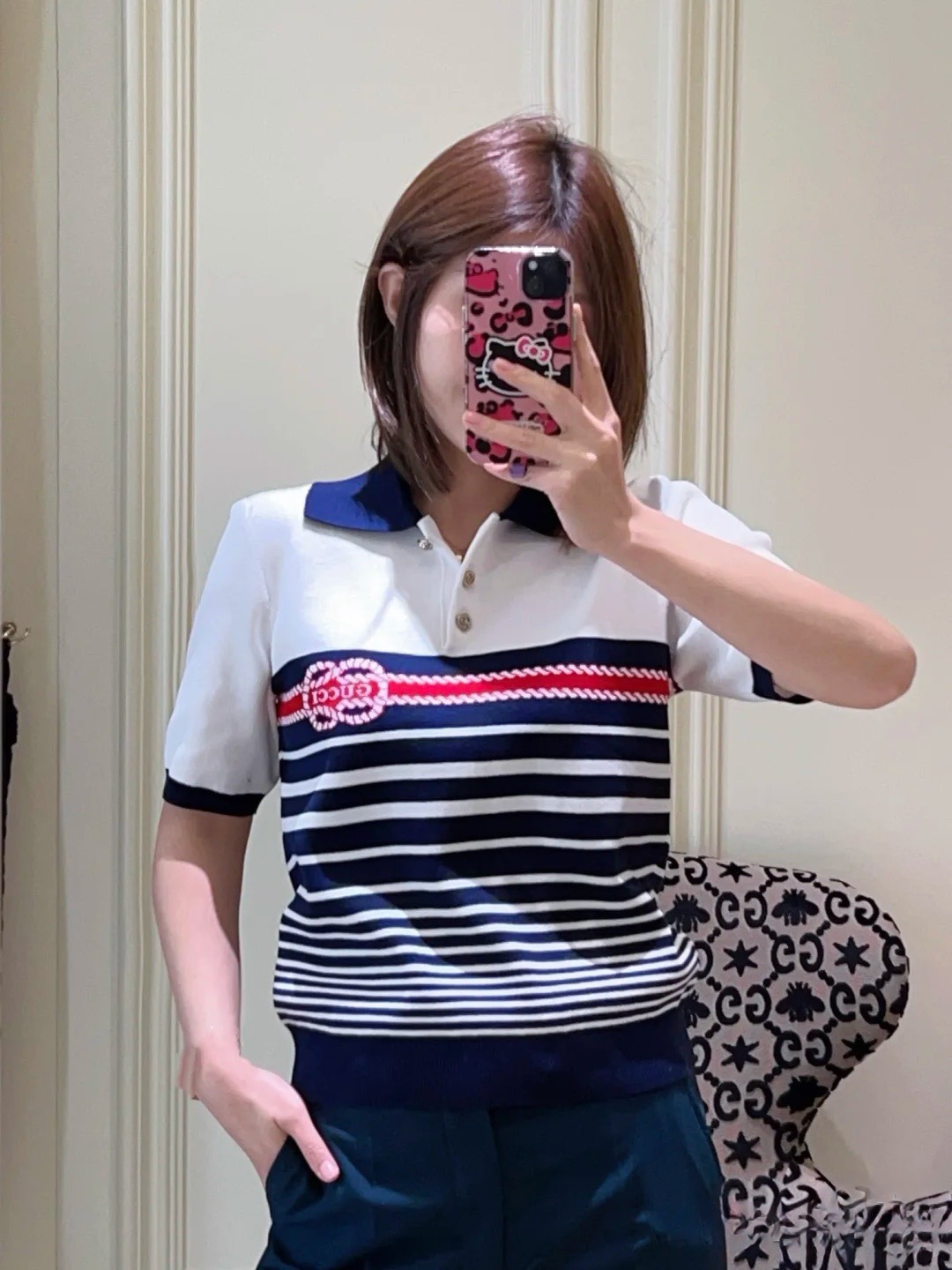 GUCCI 구찌 스트라이프 니트 폴로 반팔 여성용 8