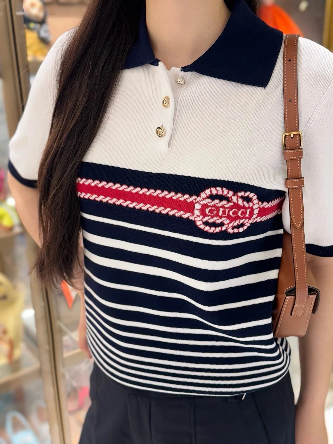 GUCCI 구찌 스트라이프 니트 폴로 반팔 여성용 9