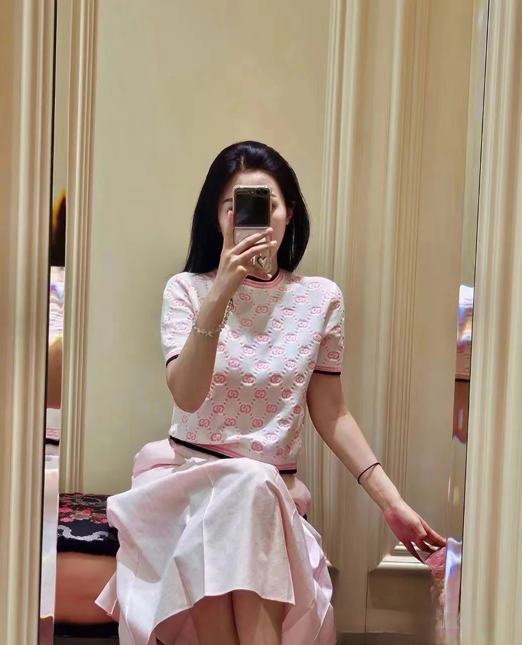 GUCCI 구찌 GG 모노그램 자가드 반팔 니트 탑 3