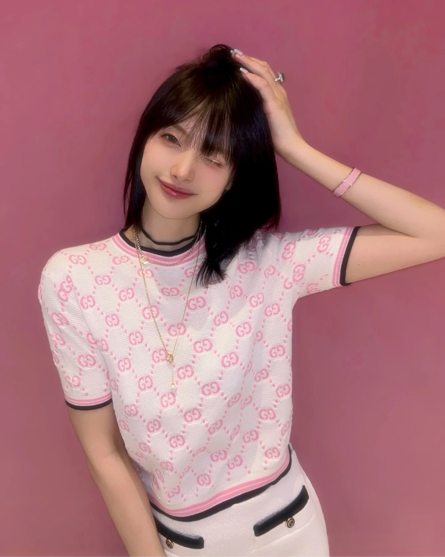 GUCCI 구찌 GG 모노그램 자가드 반팔 니트 탑 7