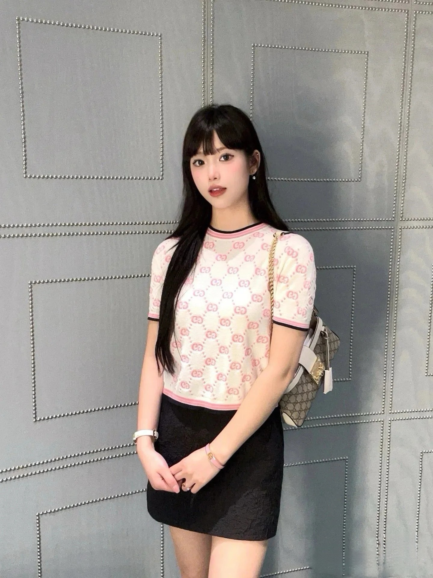 GUCCI 구찌 GG 모노그램 자가드 반팔 니트 탑 8