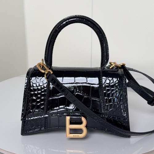 Balenciaga Hourglass Crocodile Embossed 발렌시아가 아워글라스 바자르 크로커다일 엠보 블랙 탑핸들 백 XS 19CM
