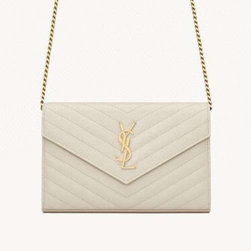 SAINT LAURENT CASSANDRE ENVELOPE 그레인 가죽 체인 월렛 복고 화이트 22.5CM