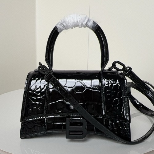 Balenciaga Hourglass Crocodile Embossed 발렌시아가 아워글라스 크로커다일 엠보스 블랙 탑핸들백 XS 19CM