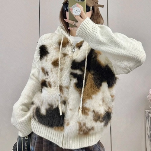 CELINE 셀린느 소가죽 배색 후드 니트 집업