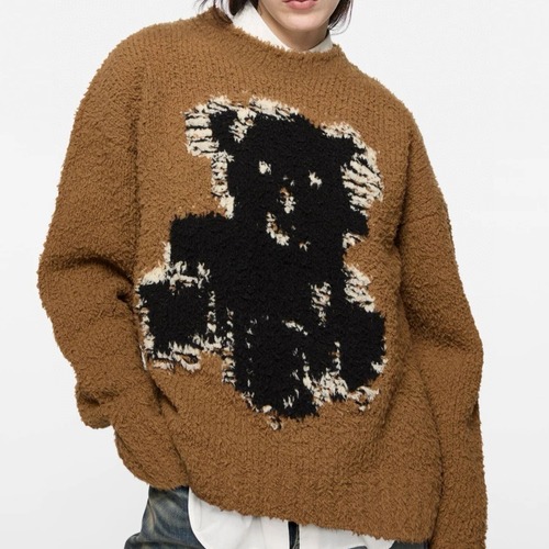 Acne Studios 여성 테디베어 자카드 라운드넥 울 니트 스웨터