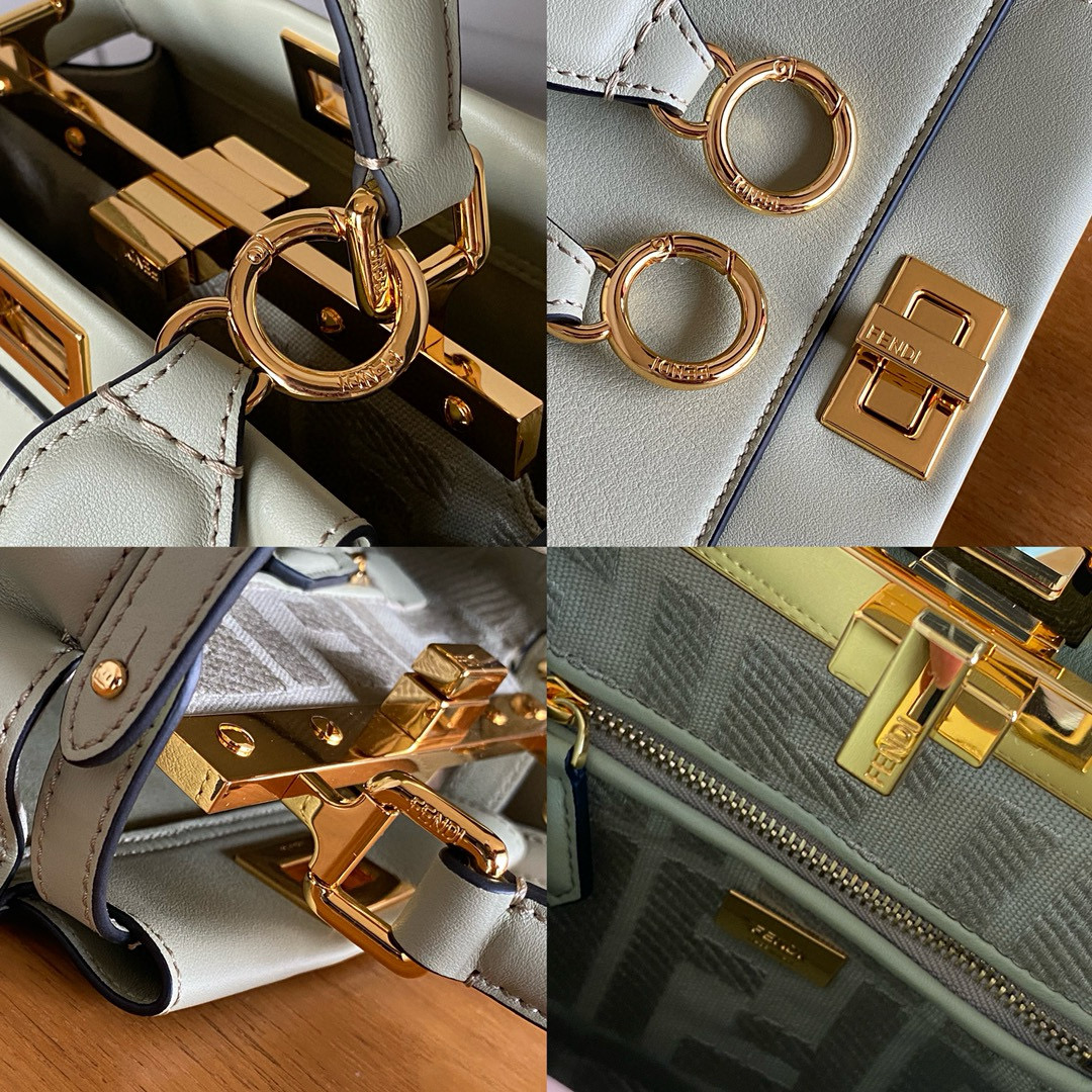 FENDI 펜디 피카부 FF 자수 캔버스 안감 민트 그린 송아지 가죽 토트백 23cm 15