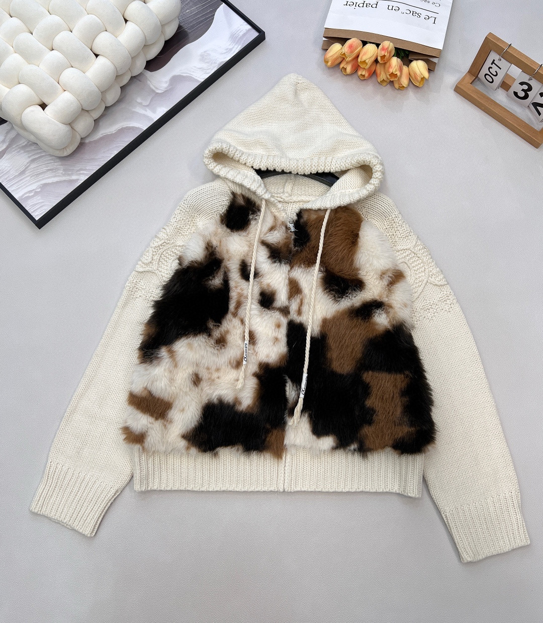 CELINE 셀린느 소가죽 배색 후드 니트 집업 10