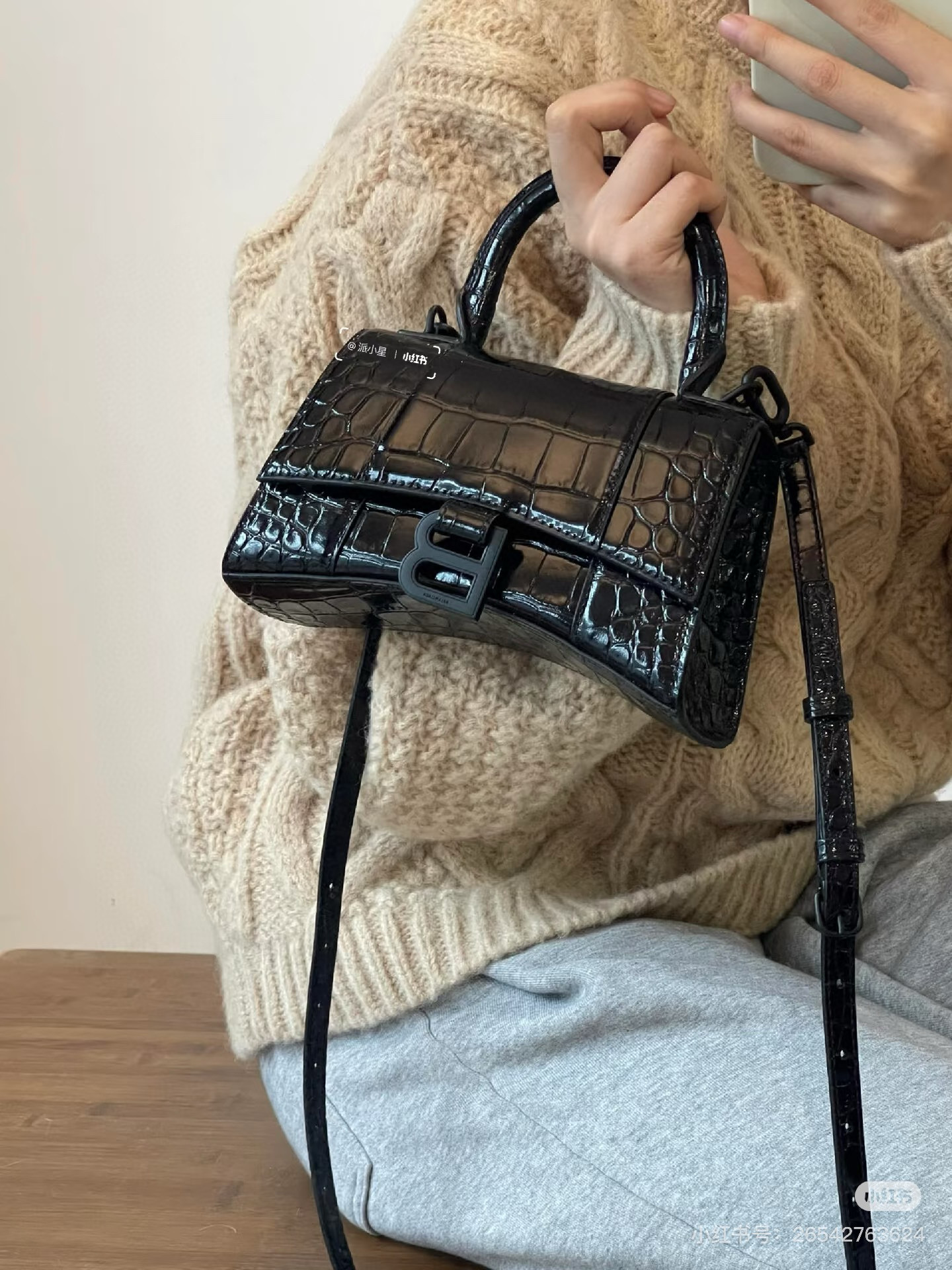 Balenciaga 발렌시아가 바렌시아가 크로커다일 엠보 블랙 아워글래스 탑핸들백 S 6