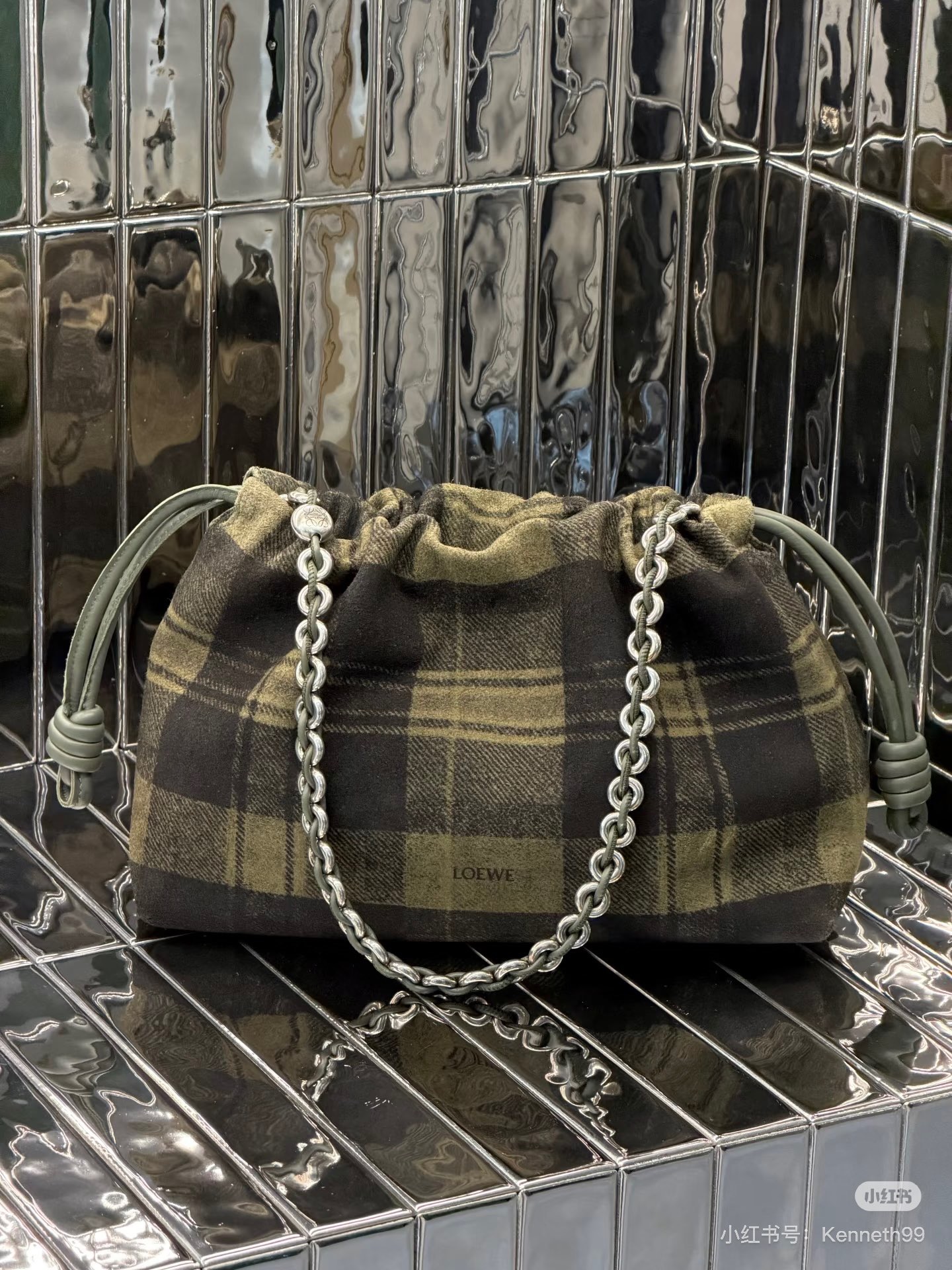 LOEWE 로에베 플라멩코 퍼스 체크 패브릭 체인 백 30cm 1
