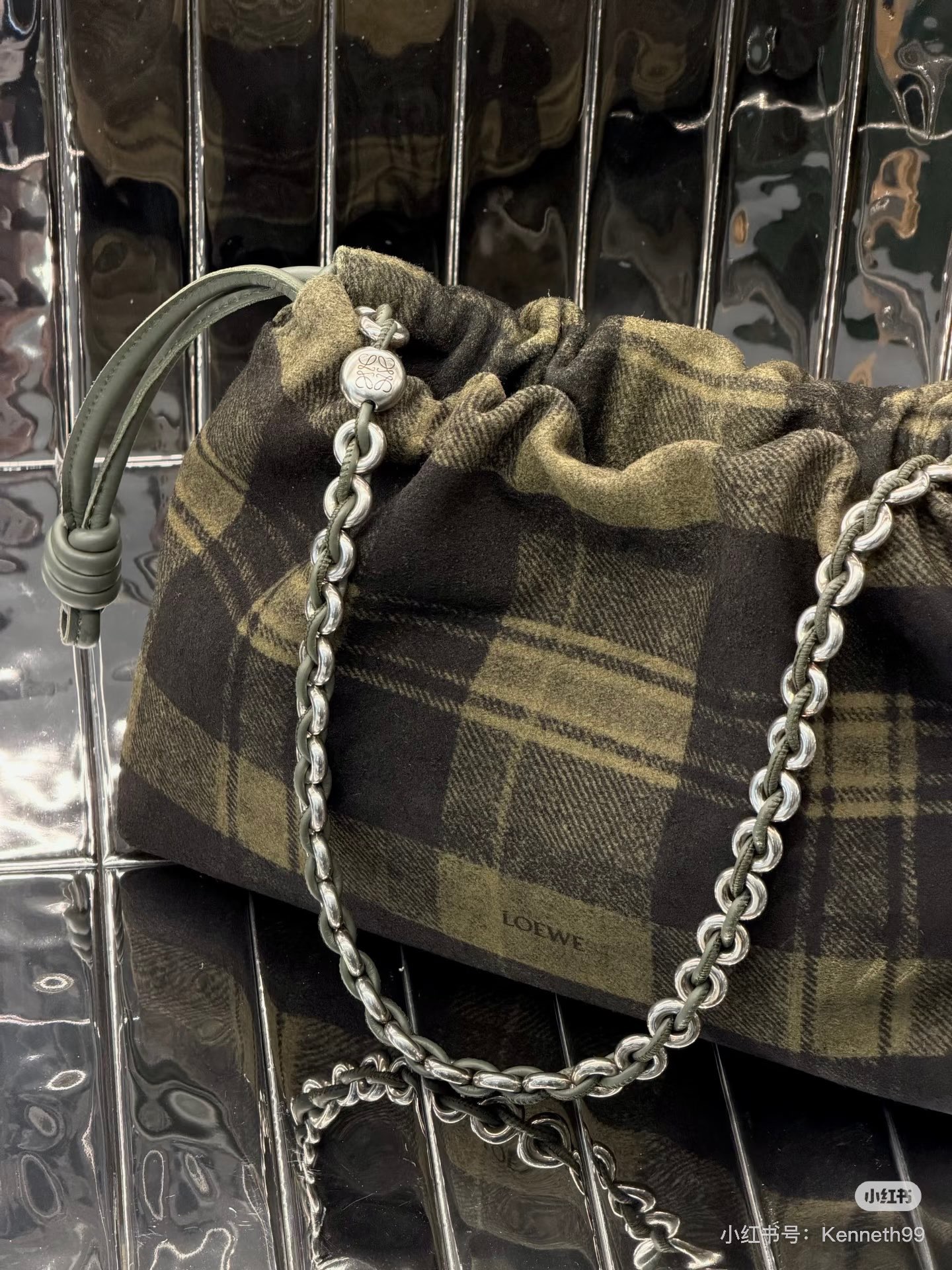 LOEWE 로에베 플라멩코 퍼스 체크 패브릭 체인 백 30cm 2