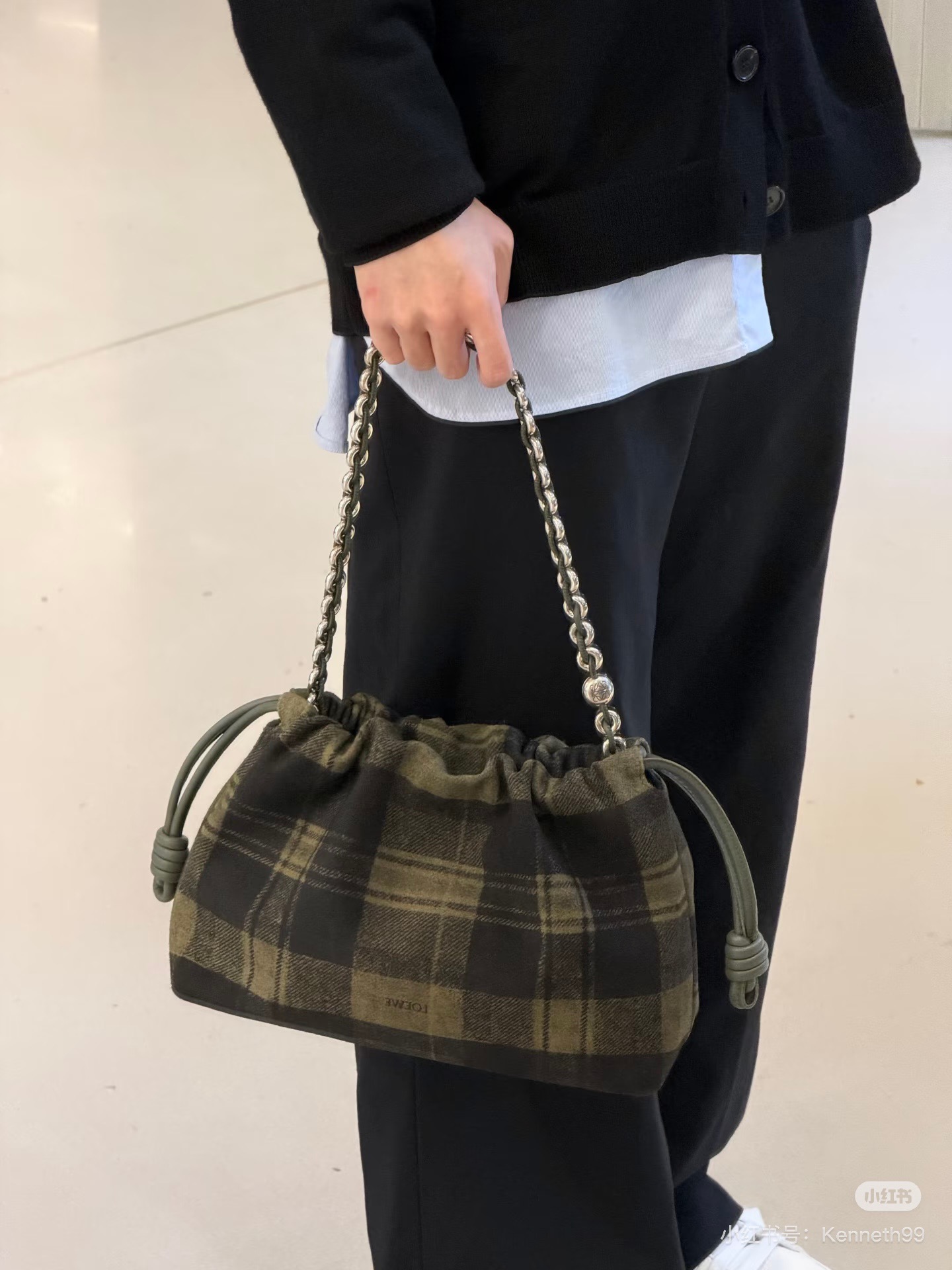 LOEWE 로에베 플라멩코 퍼스 체크 패브릭 체인 백 30cm 3