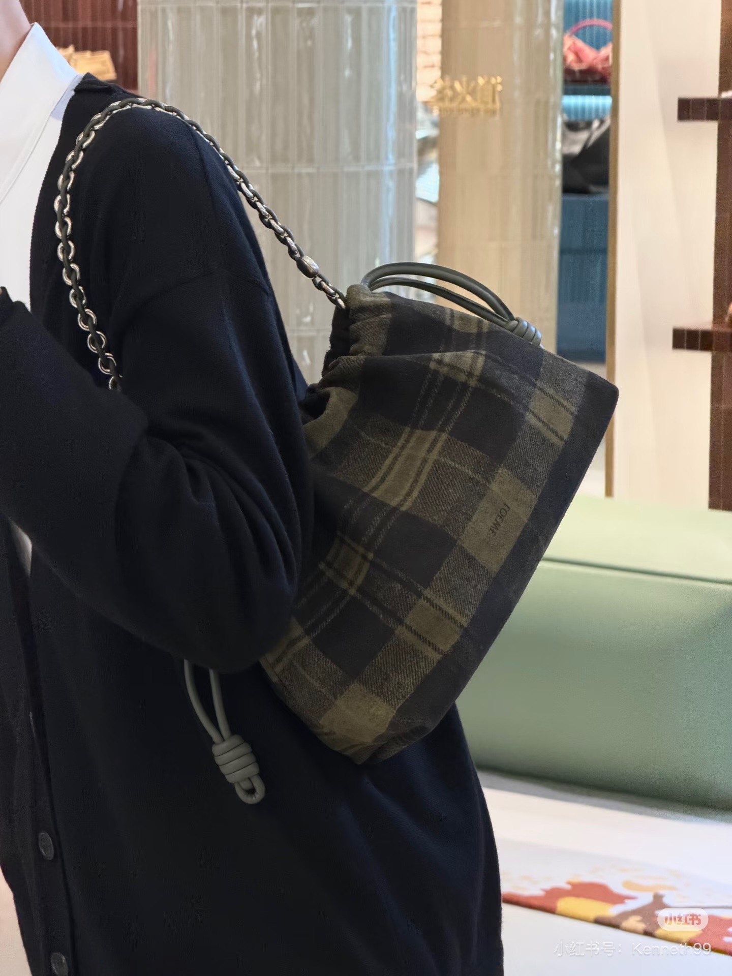 LOEWE 로에베 플라멩코 퍼스 체크 패브릭 체인 백 30cm 4