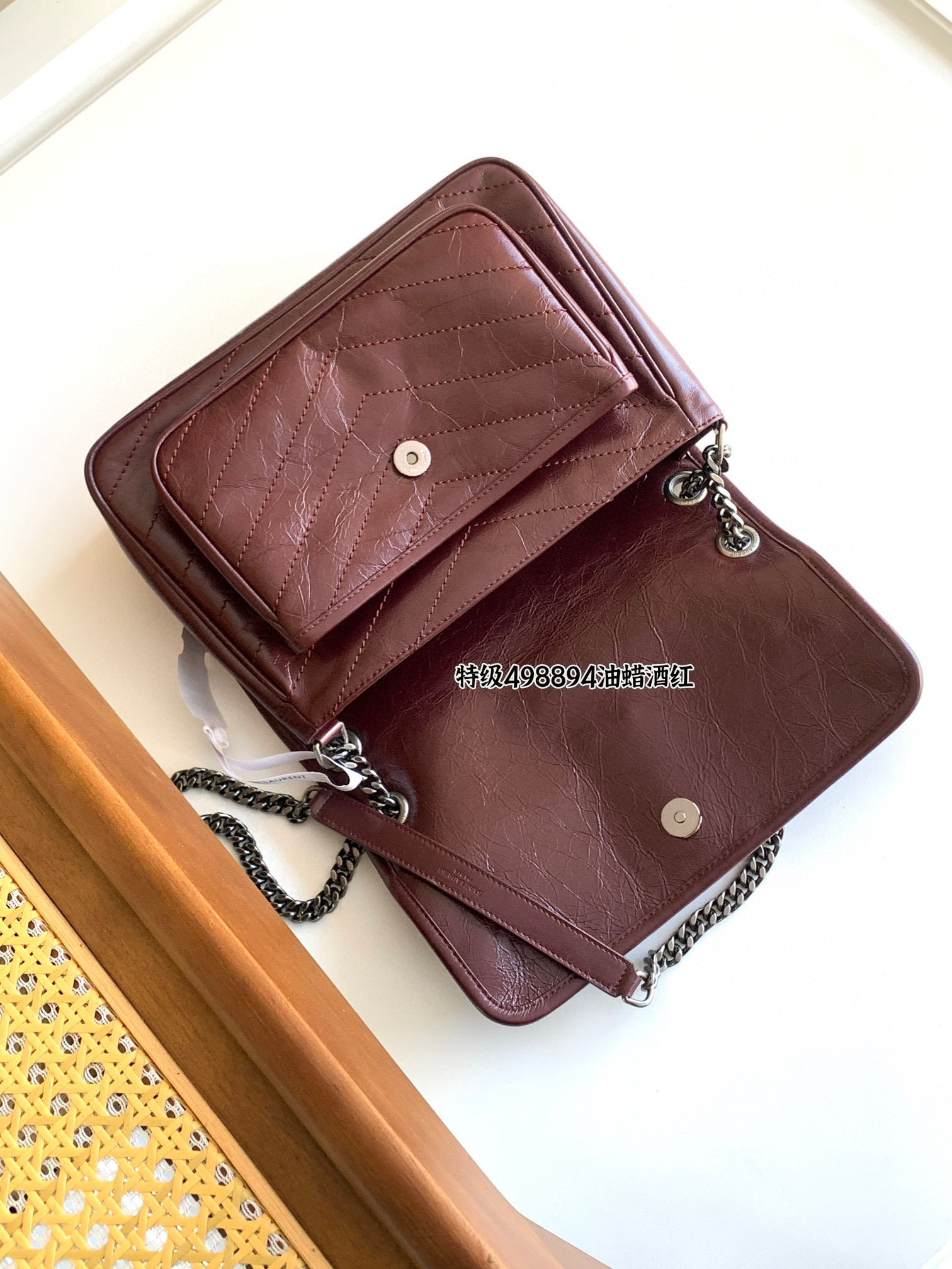 Saint Laurent NIKI 중사이즈 빈티지 레더 체인 숄더백 와인레드 12