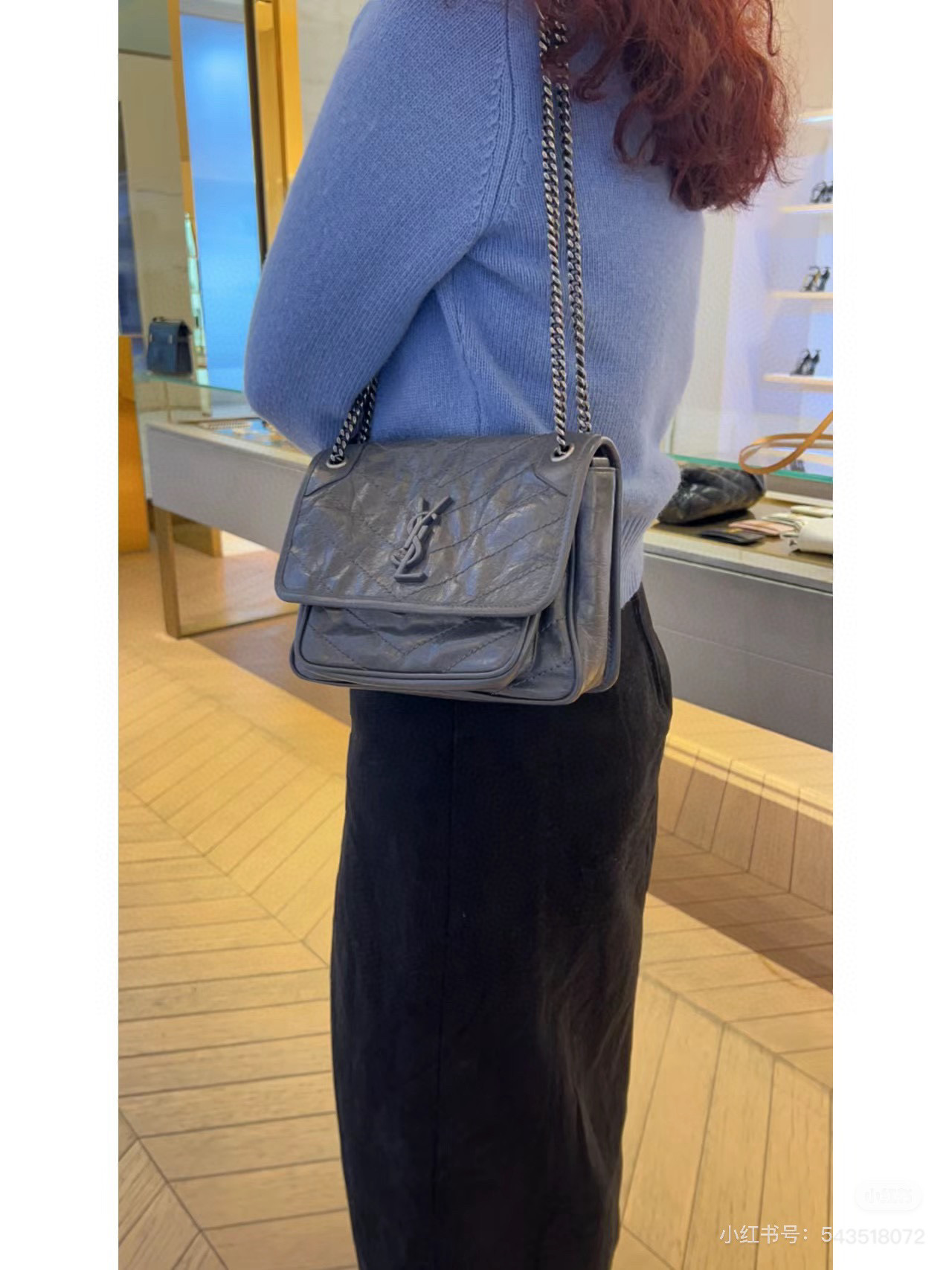 SAINT LAURENT NIKI BABY 흑니켈 그레이 엠보 크링클 레더 체인백 3